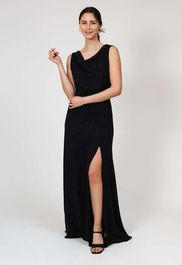 Vestido Drapeado Fiesta Negro Brillos Natalia Seguel lentejuelas, percha – diseño chileno de autor, Natalia Seguel