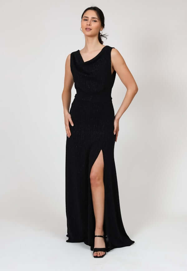 Vestido Drapeado Fiesta Negro Brillos Natalia Seguel lentejuelas, lookbook – diseño chileno de autor, Natalia Seguel