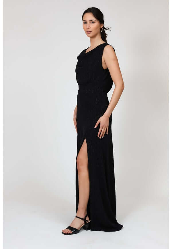 Vestido Drapeado Fiesta Negro Brillos Natalia Seguel lentejuelas, frente – diseño chileno de autor, Natalia Seguel