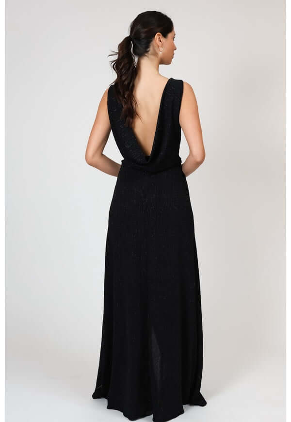 Vestido Drapeado Fiesta Negro Brillos Natalia Seguel lentejuelas, espalda (2) – diseño chileno de autor, Natalia Seguel