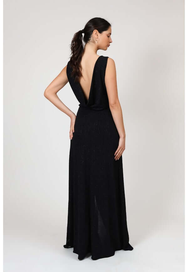 Vestido Drapeado Fiesta Negro Brillos Natalia Seguel lentejuelas, detalle de tela (2) – diseño chileno de autor, Natalia Seguel