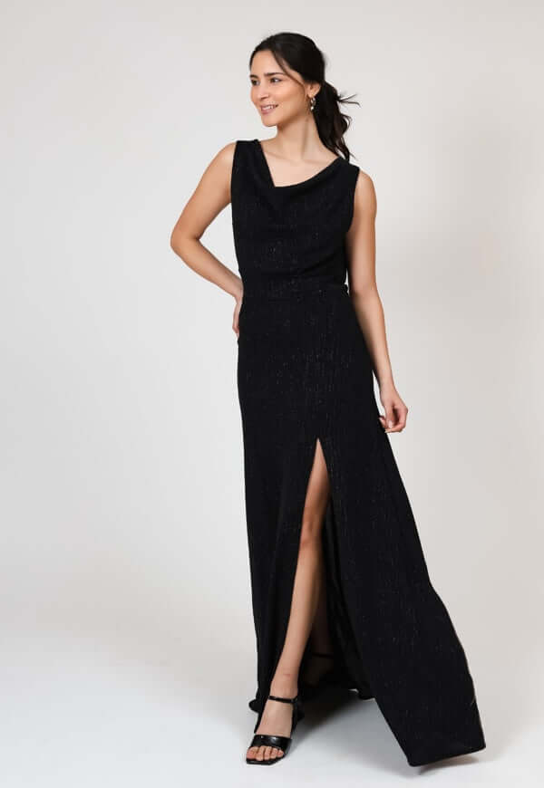 Vestido Drapeado Fiesta Negro Brillos Natalia Seguel lentejuelas, frente (2) – diseño chileno de autor, Natalia Seguel