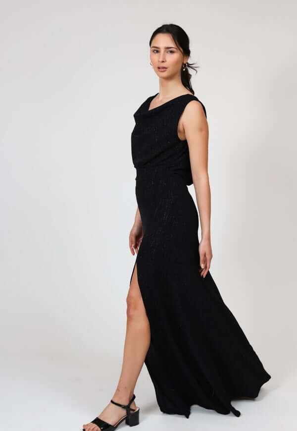 Vestido Drapeado Fiesta Negro Brillos Natalia Seguel lentejuelas, lateral (3) – diseño chileno de autor, Natalia Seguel