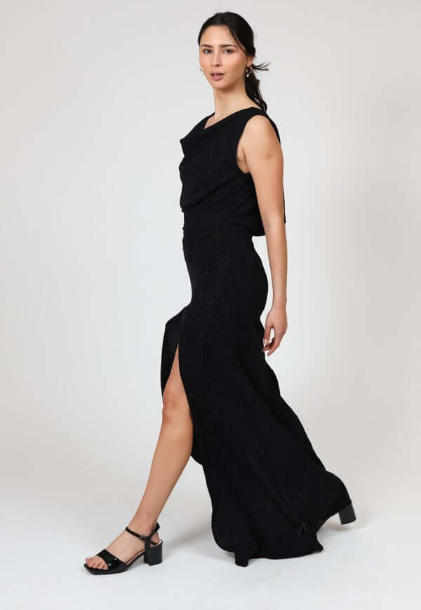 Vestido Drapeado Fiesta Negro Brillos Natalia Seguel lentejuelas, lateral – diseño chileno de autor, Natalia Seguel