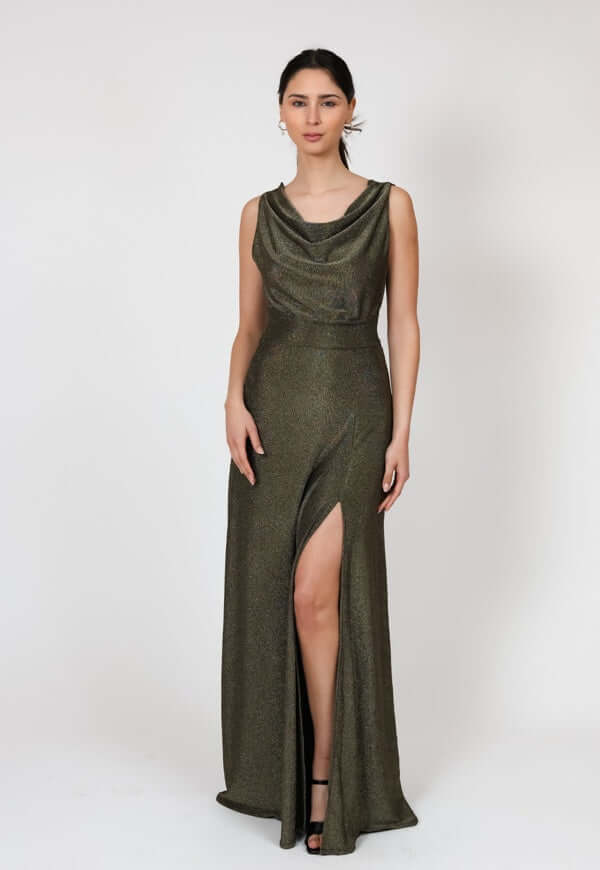 Vestido Drapeado Tajo Negro Dorado Brillos Fiesta | Natalia Seguel lentejuelas, frente – diseño chileno de autor, Natalia Seguel