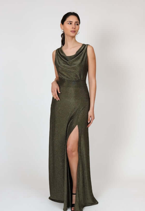 Vestido Drapeado Tajo Negro Dorado Brillos Natalia Seguel lentejuelas, lateral – diseño chileno de autor, Natalia Seguel