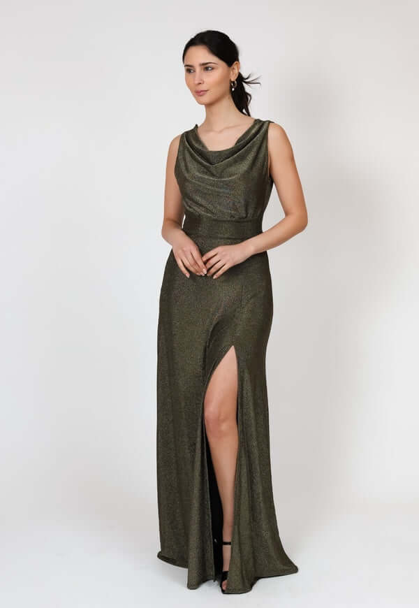 Vestido Drapeado Tajo Negro Dorado Brillos Natalia Seguel lentejuelas, espalda – diseño chileno de autor, Natalia Seguel