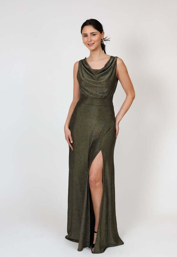 Vestido Drapeado Tajo Negro Dorado Brillos Natalia Seguel lentejuelas, detalle de tela – diseño chileno de autor, Natalia Seguel