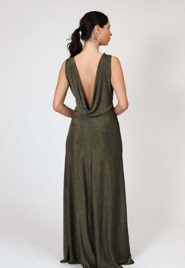 Vestido Drapeado Tajo Negro Dorado Brillos Natalia Seguel lentejuelas, percha – diseño chileno de autor, Natalia Seguel