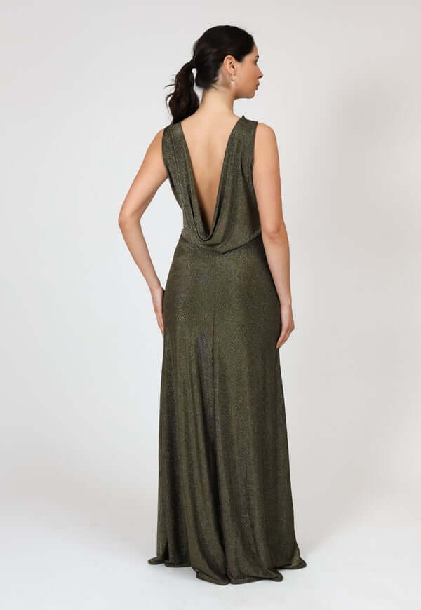 Vestido Drapeado Tajo Negro Dorado Brillos Natalia Seguel lentejuelas, lookbook – diseño chileno de autor, Natalia Seguel