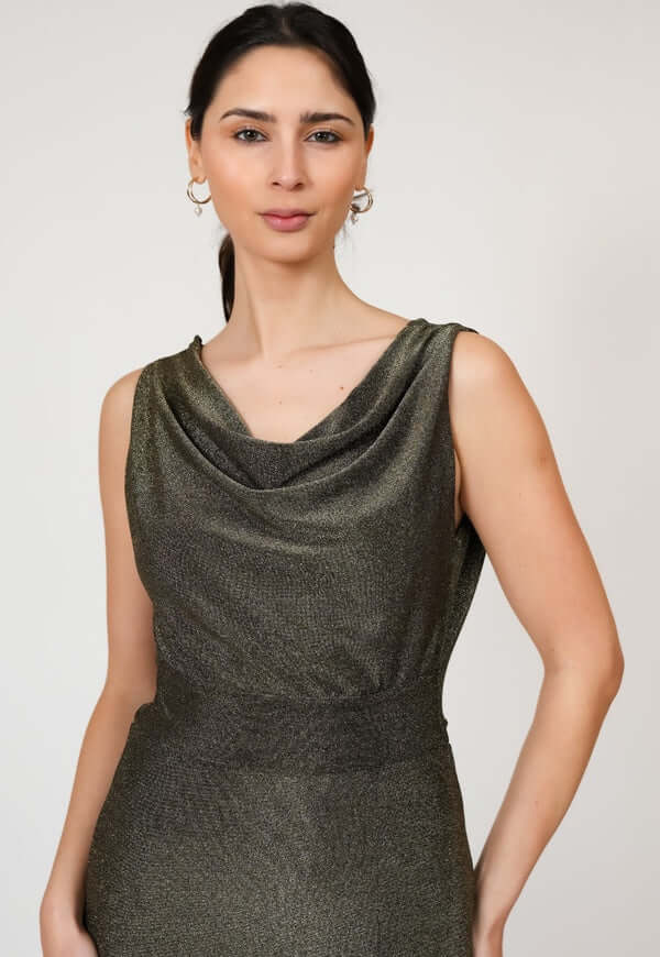 Vestido Drapeado Tajo Negro Dorado Brillos Natalia Seguel lentejuelas, lateral (2) – diseño chileno de autor, Natalia Seguel