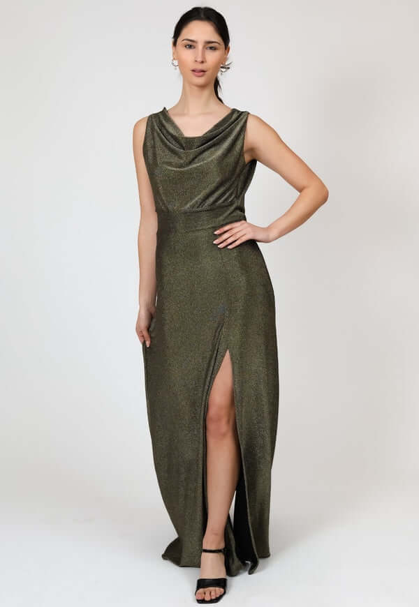 Vestido Drapeado Tajo Negro Dorado Brillos Natalia Seguel lentejuelas, detalle de tela (2)