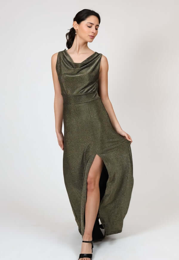 Vestido Drapeado Tajo Negro Dorado Brillos Natalia Seguel lentejuelas, percha (2) – diseño chileno de autor, Natalia Seguel