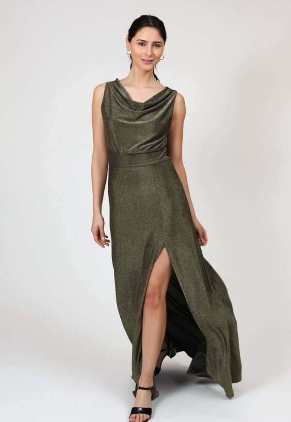 Vestido Drapeado Tajo Negro Dorado Brillos Natalia Seguel lentejuelas, lookbook (2) – diseño chileno de autor, Natalia Seguel