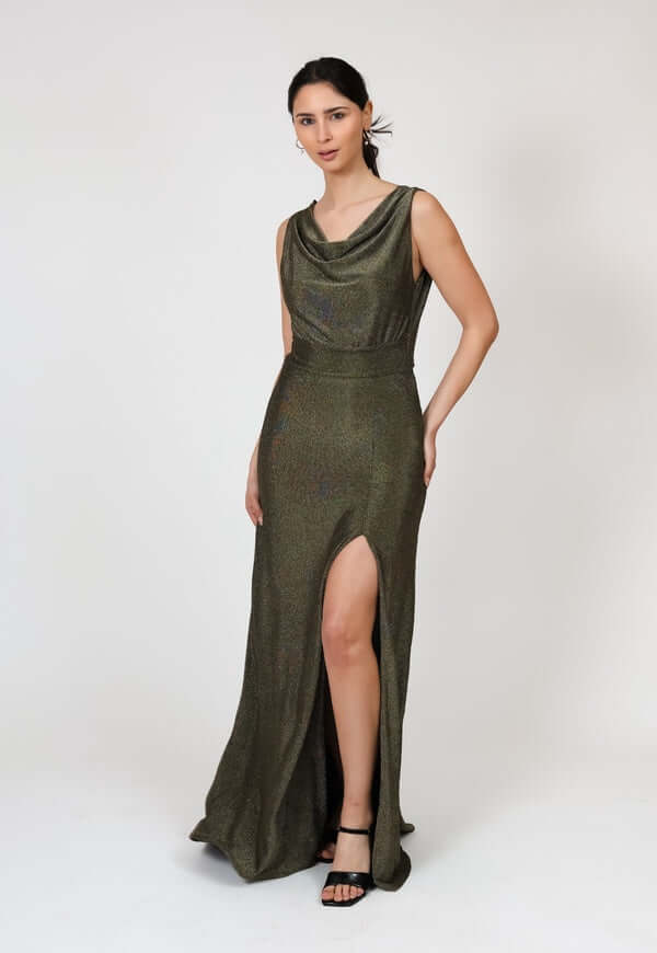 Vestido Drapeado Tajo Negro Dorado Brillos Natalia Seguel lentejuelas, frente (2) – diseño chileno de autor, Natalia Seguel