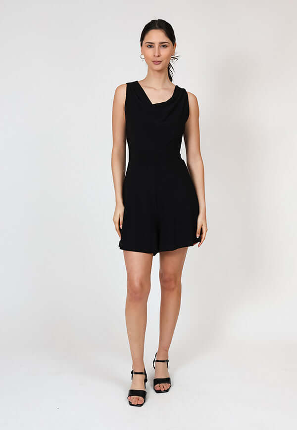 Enterito Drapeado Corto Negro Natalia Seguel, lateral – diseño chileno de autor, Natalia Seguel