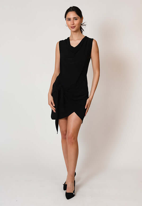 Vestido Jose Corto Sin Mangas Negro Natalia Seguel, detalle de tela – diseño chileno de autor, Natalia Seguel