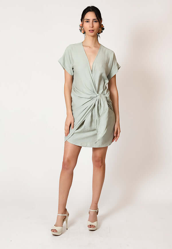 Vestido Josefina Lino Verde Nilo - Diseño Chileno | Natalia Seguel, frente – diseño chileno de autor, Natalia Seguel