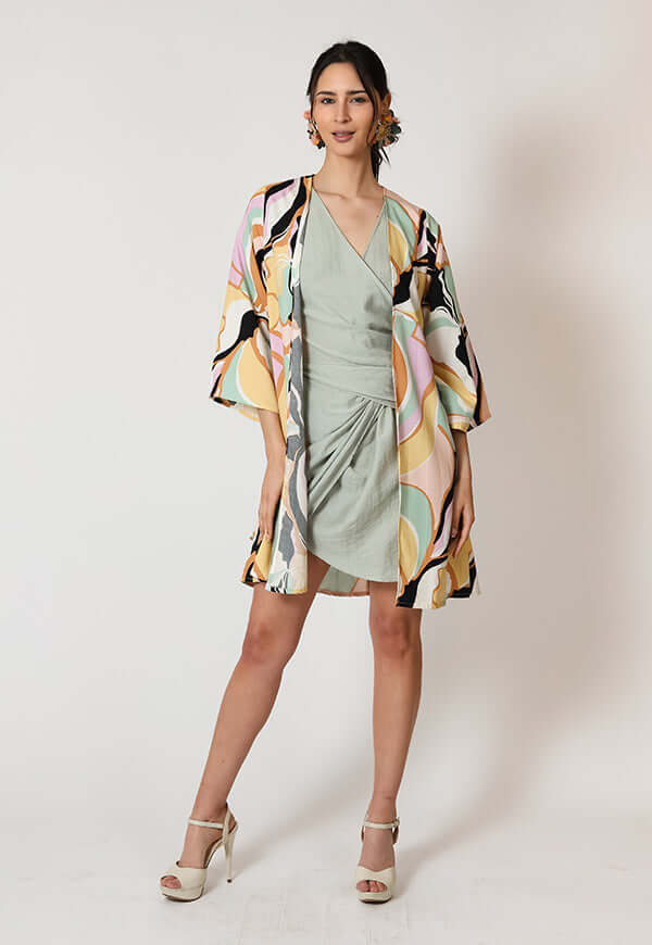 Kimono Corto Hojas Colores Pastel Natalia Seguel, espalda – diseño chileno de autor, Natalia Seguel