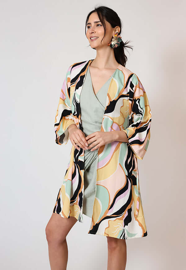 Kimono Corto Hojas Colores Pastel Natalia Seguel, espalda (2) – diseño chileno de autor, Natalia Seguel