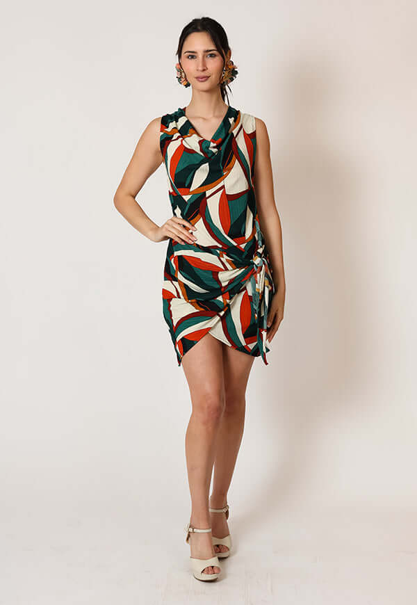 Vestido Jose Sin Mangas Hojas Verde Terracota | Natalia Seguel, frente – diseño chileno de autor, Natalia Seguel