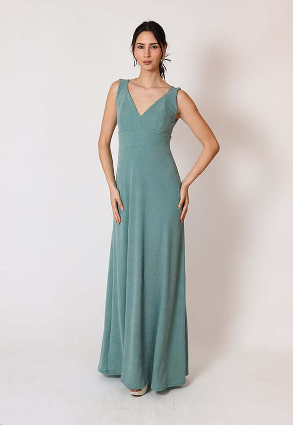 Vestido Vera Sin Mangas Fiesta Verde Agua Brillos | Natalia Seguel lentejuelas, frente – diseño chileno de autor, Natalia Seguel