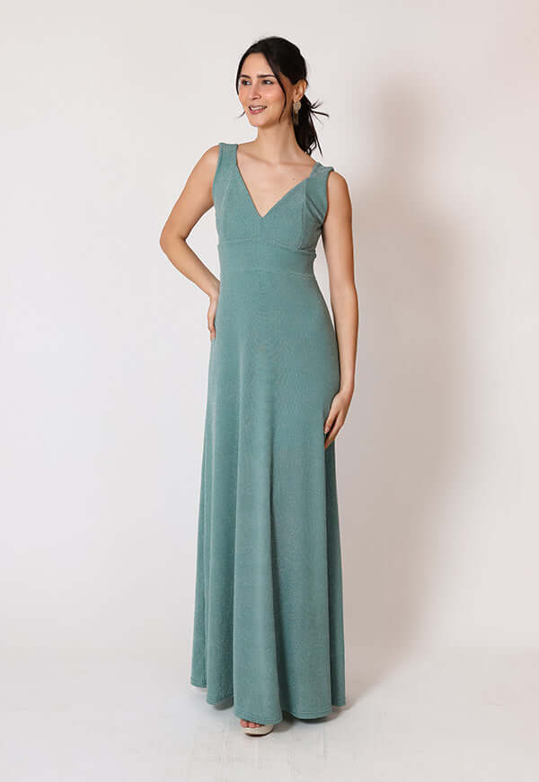 Vestido Vera Fiesta Verde Agua Brillos Natalia Seguel lentejuelas, lateral – diseño chileno de autor, Natalia Seguel