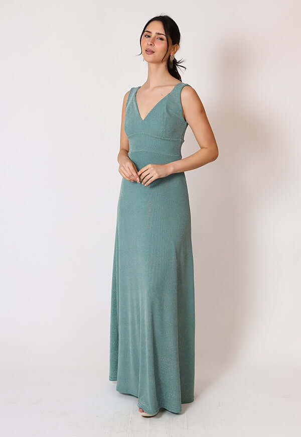 Vestido Vera Fiesta Verde Agua Brillos Natalia Seguel lentejuelas, espalda – diseño chileno de autor, Natalia Seguel