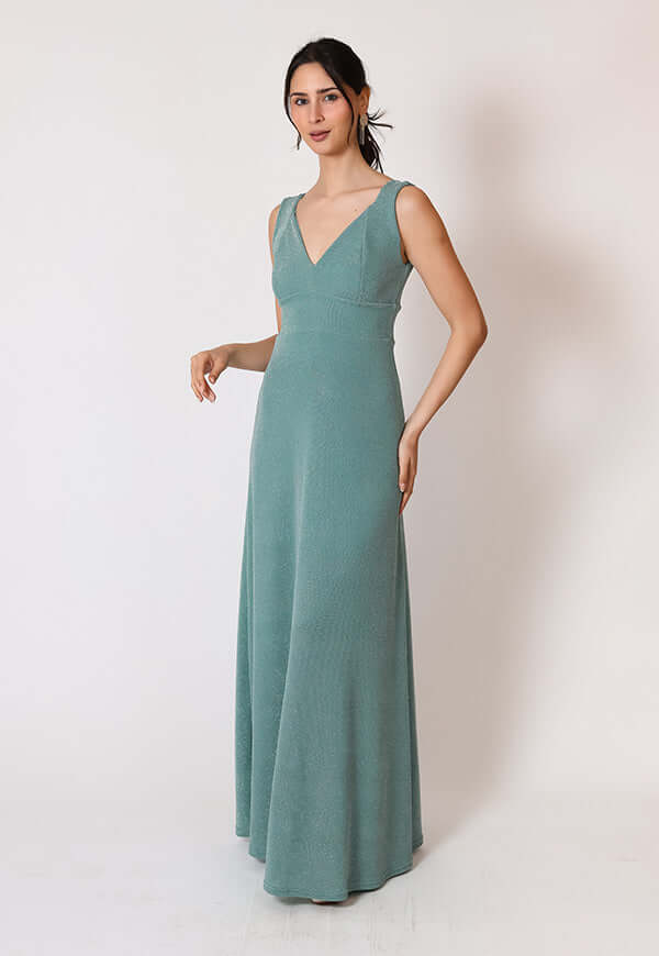 Vestido Vera Fiesta Verde Agua Brillos Natalia Seguel lentejuelas, detalle de tela – diseño chileno de autor, Natalia Seguel