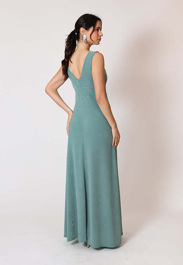 Vestido Vera Fiesta Verde Agua Brillos Natalia Seguel lentejuelas, frente – diseño chileno de autor, Natalia Seguel