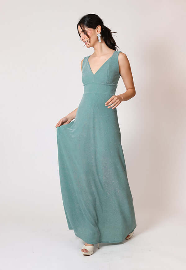 Vestido Vera Fiesta Verde Agua Brillos Natalia Seguel lentejuelas, percha (2) – diseño chileno de autor, Natalia Seguel