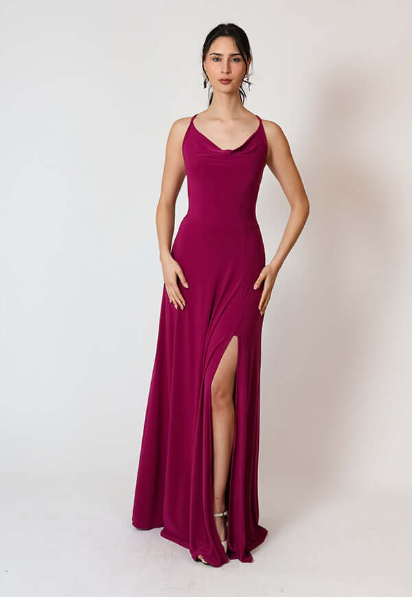 Vestido Zara Drapeado Tajo Magenta Natalia Seguel, lateral – diseño chileno de autor, Natalia Seguel