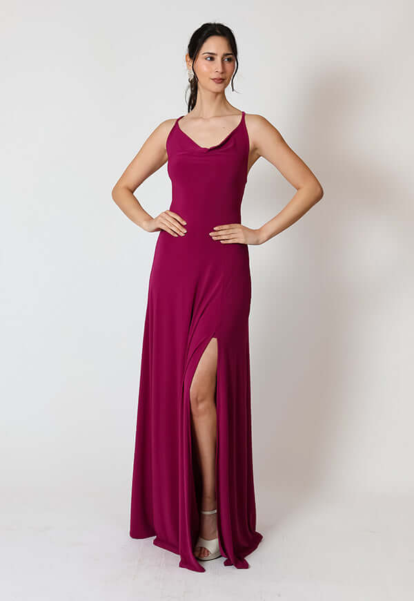 Vestido Zara Drapeado Tajo Magenta Natalia Seguel, espalda – diseño chileno de autor, Natalia Seguel