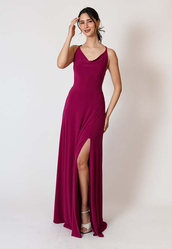 Vestido Zara Drapeado Tajo Magenta - Diseño Chileno | Natalia Seguel, frente – diseño chileno de autor, Natalia Seguel