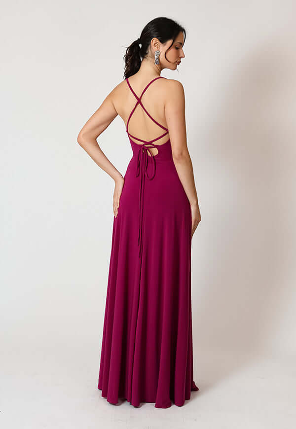 Vestido Zara Drapeado Tajo Magenta Natalia Seguel, lateral (2) – diseño chileno de autor, Natalia Seguel