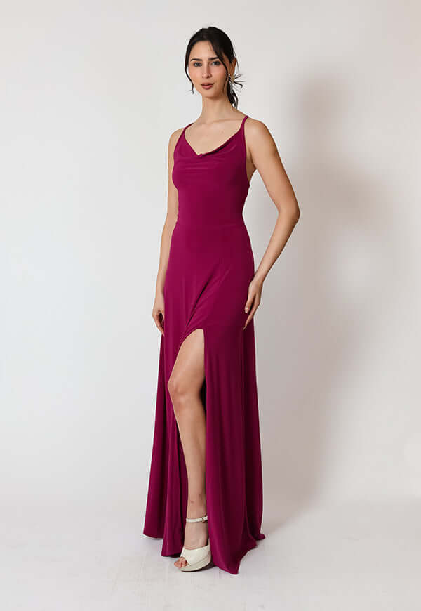 Vestido Zara Drapeado Tajo Magenta Natalia Seguel, frente (2) – diseño chileno de autor, Natalia Seguel