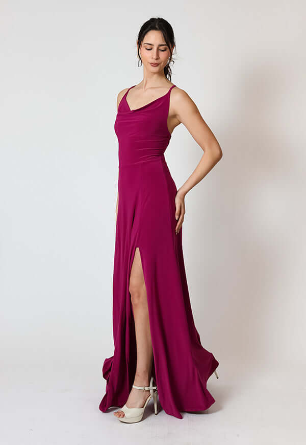 Vestido Zara Drapeado Tajo Magenta Natalia Seguel, lateral (3) – diseño chileno de autor, Natalia Seguel