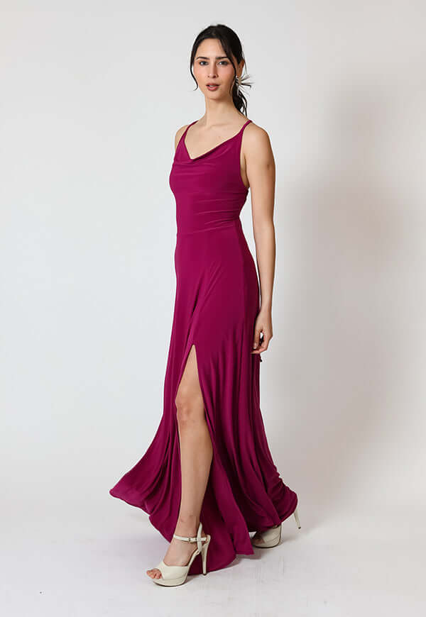 Vestido Zara Drapeado Tajo Magenta Natalia Seguel, espalda (3) – diseño chileno de autor, Natalia Seguel