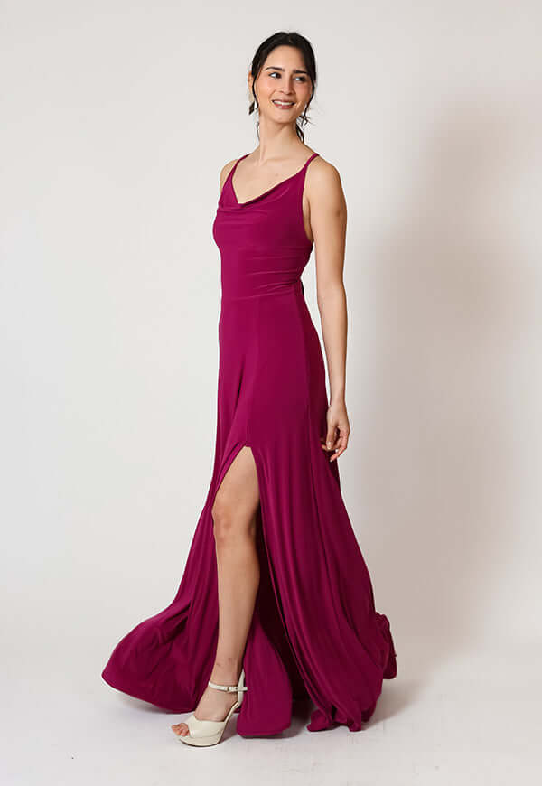 Vestido Zara Drapeado Tajo Magenta Natalia Seguel, detalle de tela (3) – diseño chileno de autor, Natalia Seguel