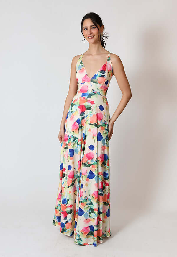 Vestido Zara Blanco Flores Colores Natalia Seguel estampado flores, detalle de tela – diseño chileno de autor, Natalia Seguel