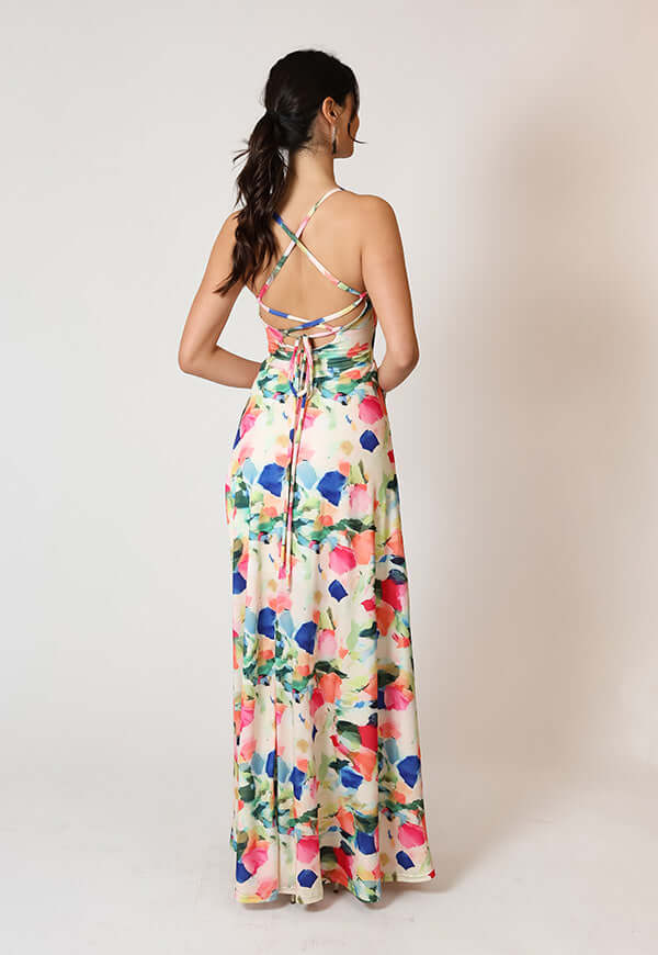 Vestido Zara Blanco Flores Colores Natalia Seguel estampado flores, frente – diseño chileno de autor, Natalia Seguel