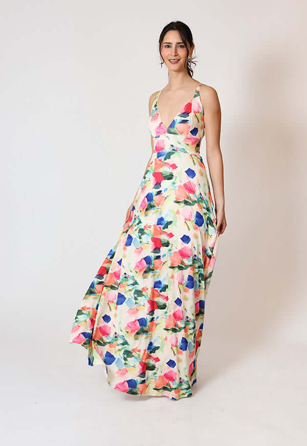 Vestido Zara Blanco Flores Colores Natalia Seguel estampado flores, frente (2) – diseño chileno de autor, Natalia Seguel