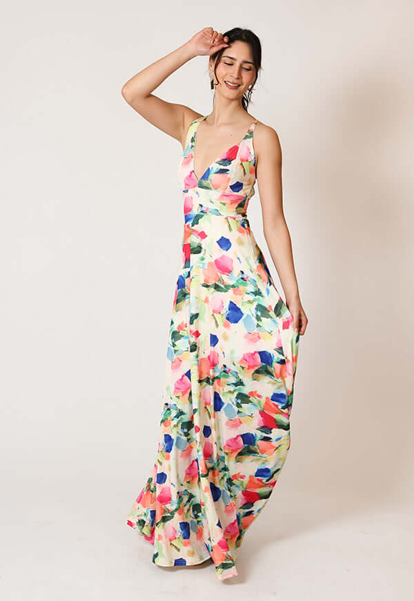 Vestido Zara Blanco Flores Colores Natalia Seguel estampado flores, lateral (3) – diseño chileno de autor, Natalia Seguel