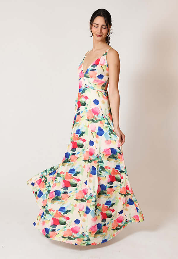 Vestido Zara Blanco Flores Colores Natalia Seguel estampado flores, espalda (3) – diseño chileno de autor, Natalia Seguel