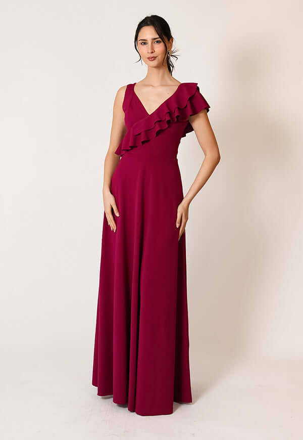 Vestido Julianna Magenta Vuelos Natalia Seguel, lateral – diseño chileno de autor, Natalia Seguel