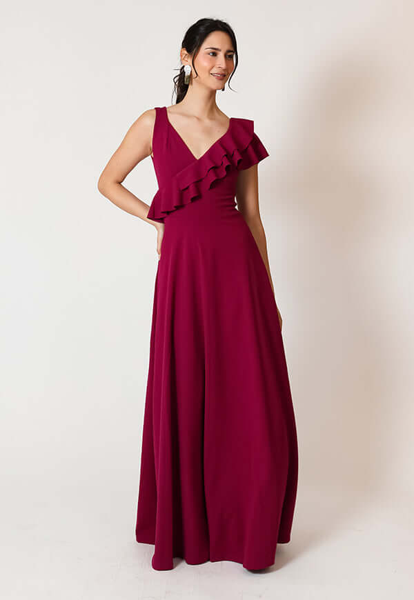 Vestido Julianna Magenta Vuelos Natalia Seguel, detalle de tela – diseño chileno de autor, Natalia Seguel