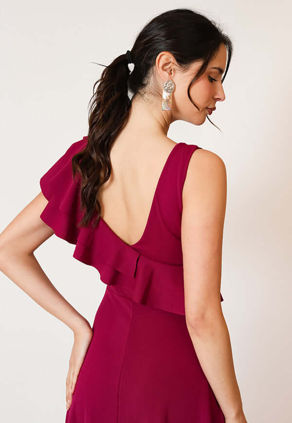 Vestido Julianna Magenta Vuelos Natalia Seguel, lateral (2) – diseño chileno de autor, Natalia Seguel