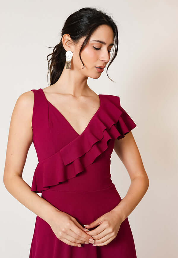 Vestido Julianna Magenta Vuelos Natalia Seguel, detalle de tela (2) – diseño chileno de autor, Natalia Seguel