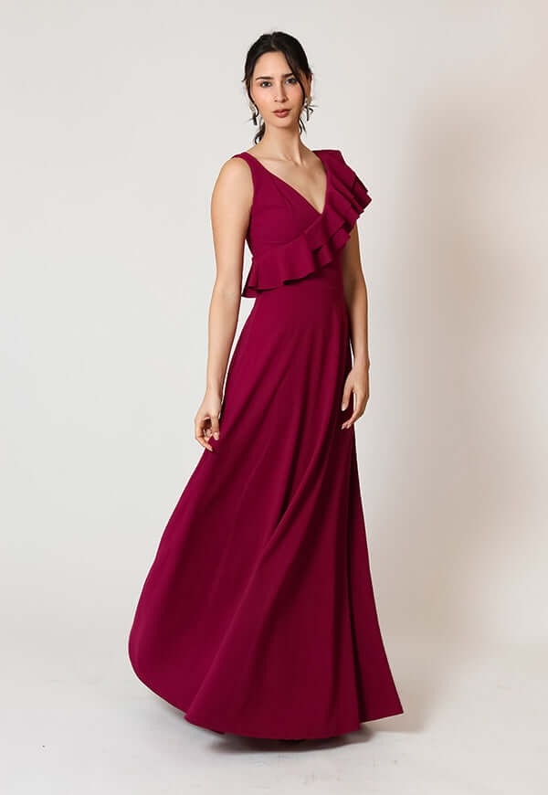 Vestido Julianna Magenta Vuelos Natalia Seguel, percha (2) – diseño chileno de autor, Natalia Seguel