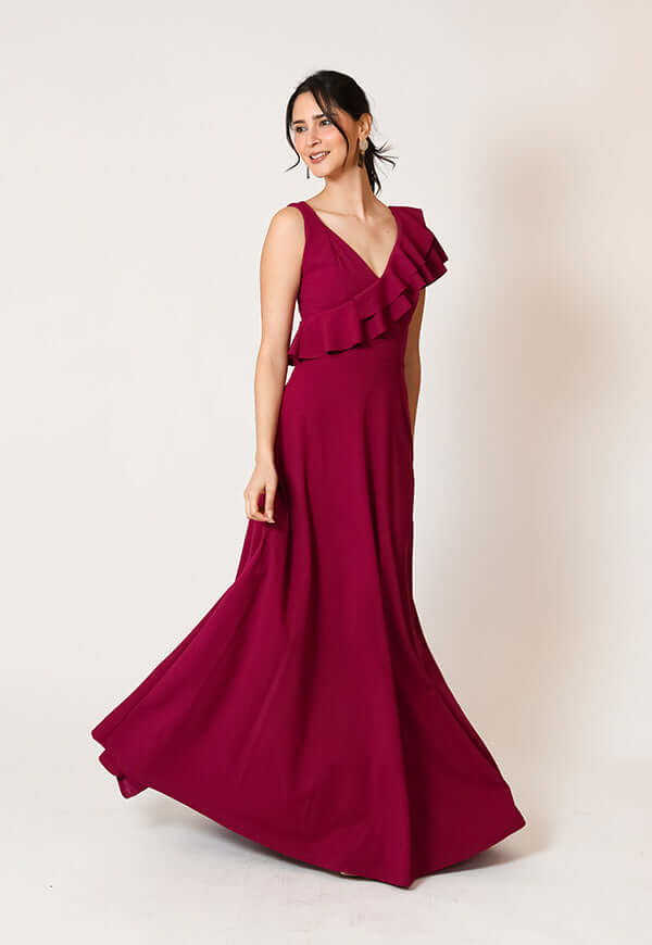 Vestido Julianna Magenta Vuelos Natalia Seguel, frente (2) – diseño chileno de autor, Natalia Seguel